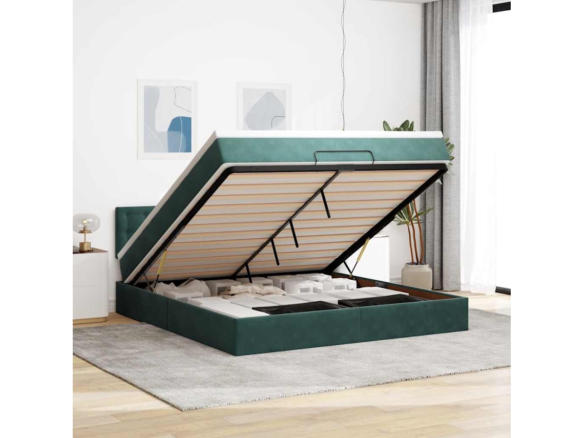 Estructura De Cama Otomana Con Colchón Verde Oscuro 160x200 Cm