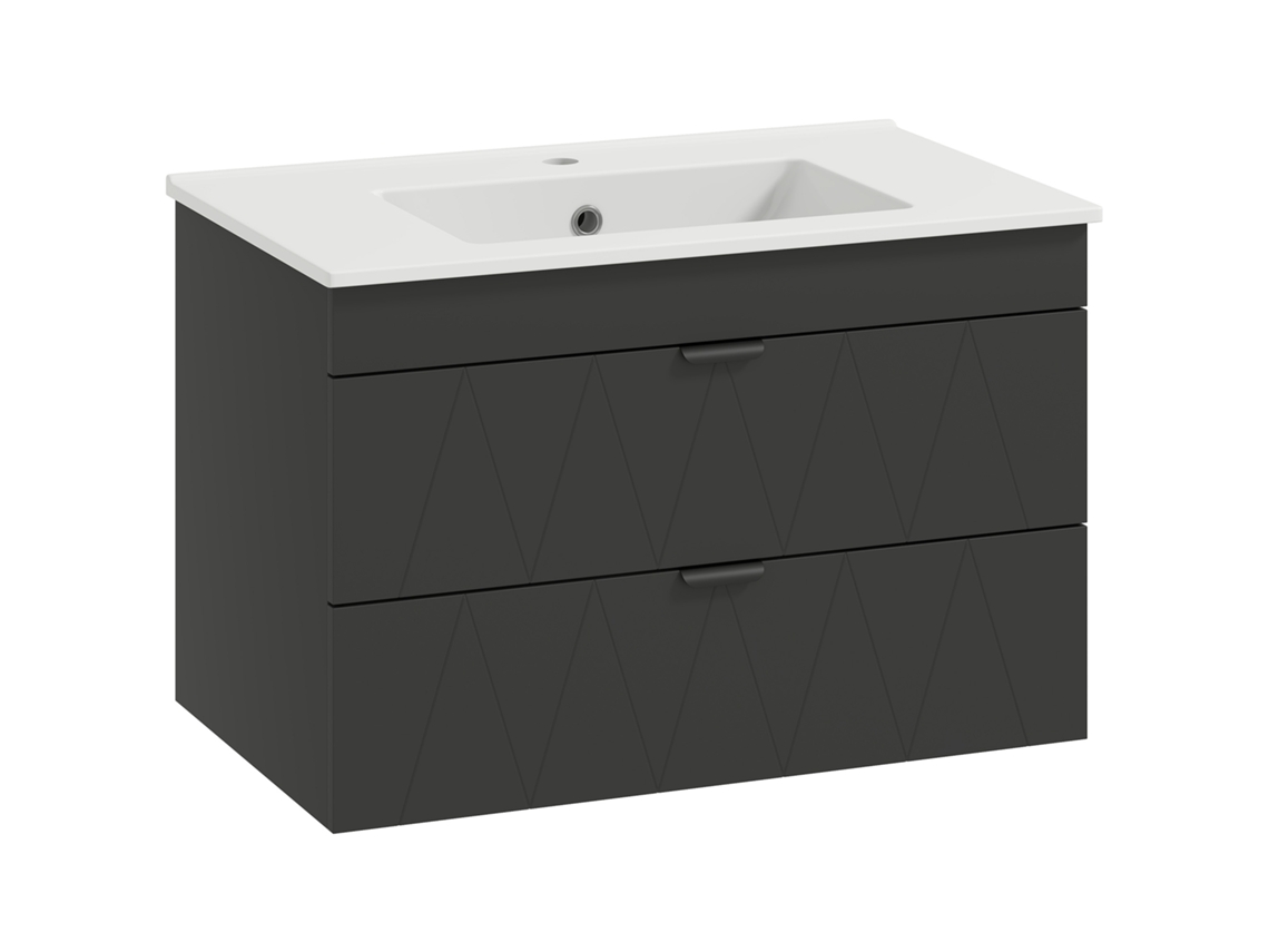 Mueble de baño con lavabo de cerámica y cajones con cierre suave.