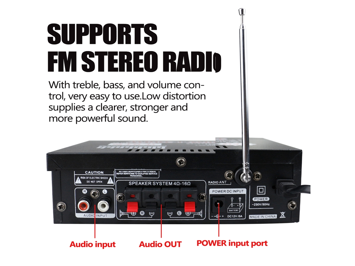 Amplificador De Áudio Hifi Mini 2ch Com Lcd Display Bt Fm Rádio Controle Remoto 12v/220v 600w Portátil Carro E Casa