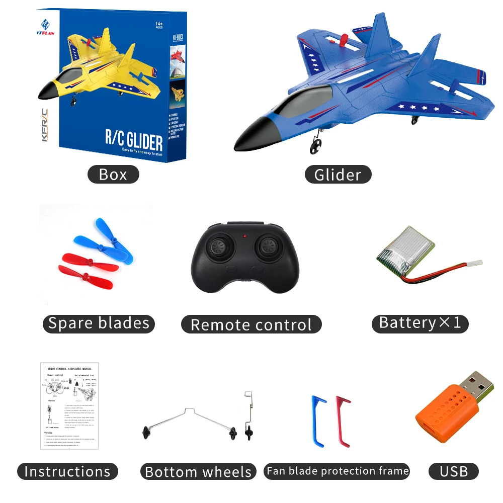 Avião de combate F-22 Raptor, planador controlado por rádio 2.4G com luzes LED MDUG (azul)