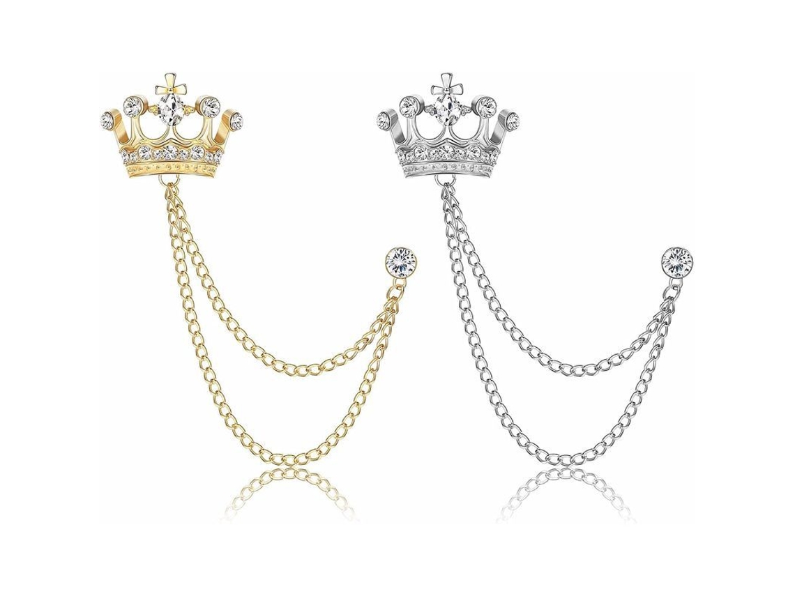 2pcs Broche De Pins Con Cadena Para Hombre, Broche De Corona Con Borla Para Trajes Y Camisas