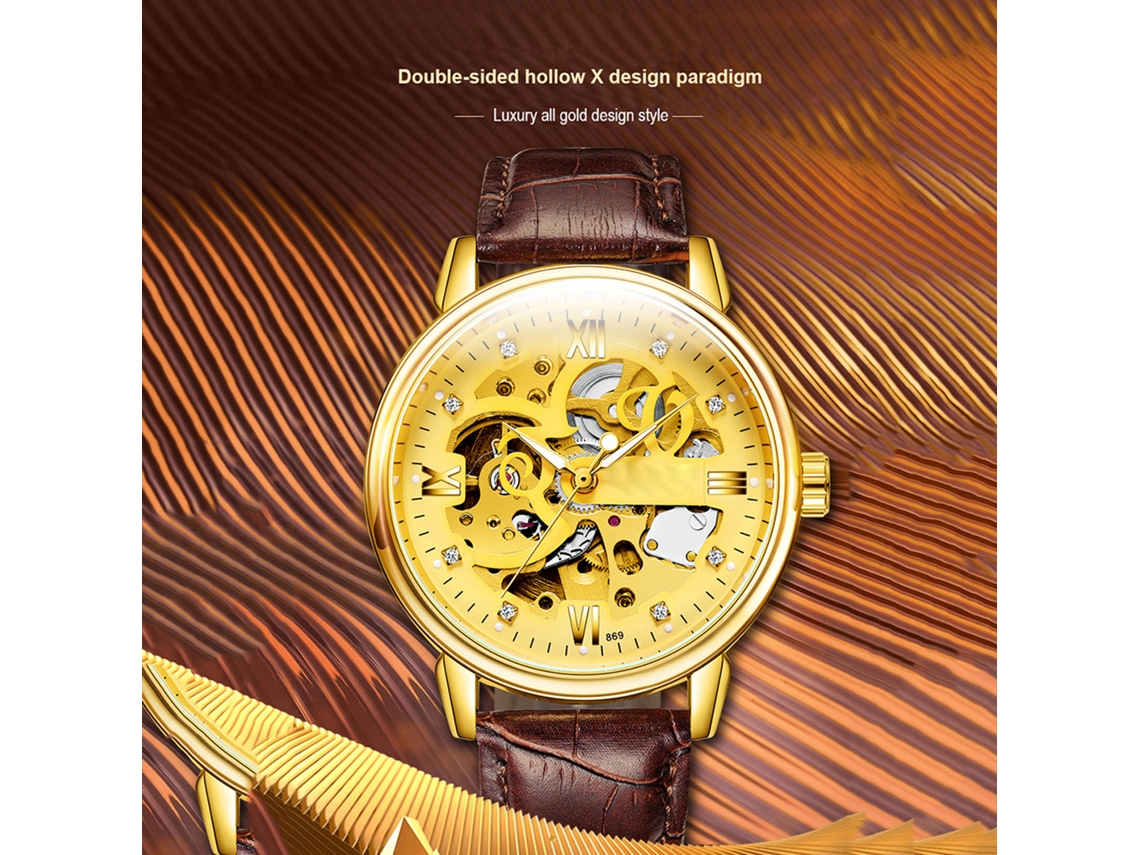 Reloj Mecánico Automático Esqueleto Para Hombre Tevise, Piel Auténtica, Resistencia Al Agua De 3 Atm, Color Dorado Luminoso.