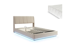 Cama Tapizado Led Tröstiar Con Somier Abatible Colchón 140x200cm Beige [EN.CASA]