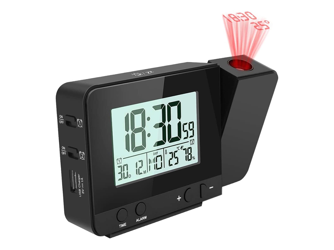 Reloj despertador de proyección, LED, USB, respaldo de batería, proyector 180 RNEMITERY