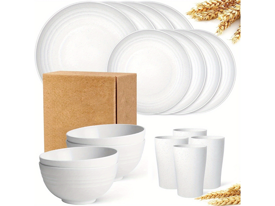 Juego de cubiertos de paja de trigo de 16 piezas para uso doméstico, platos y cuencos reutilizables, blanco Digitallab