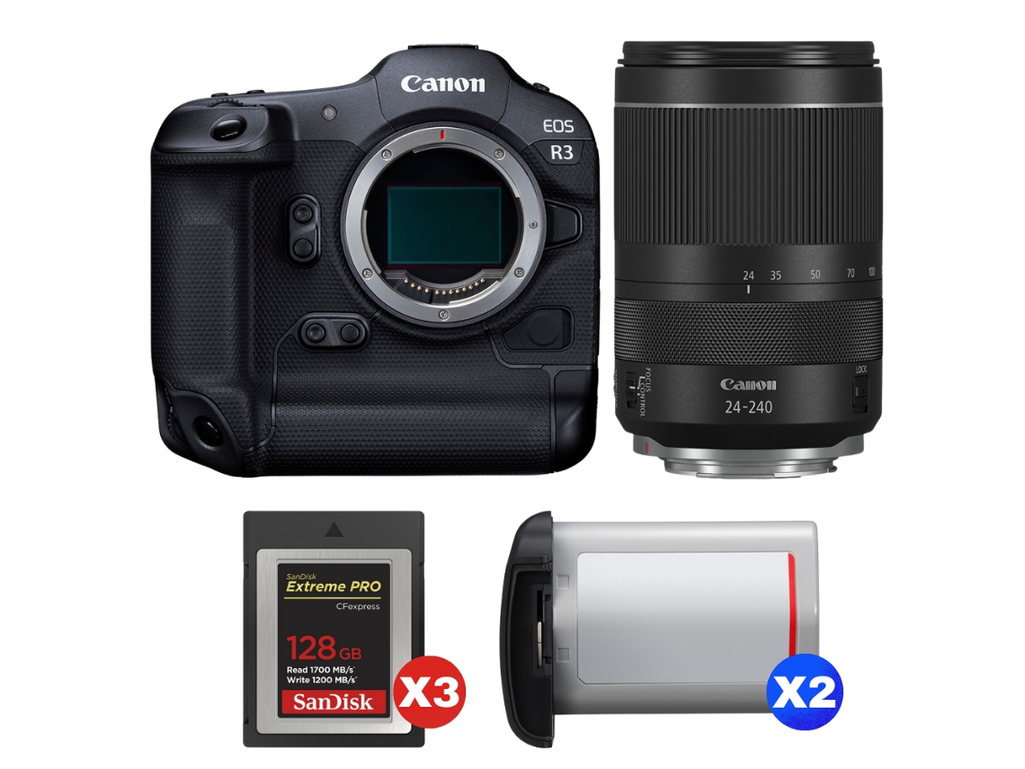 Canon Eos R3 + Rf 24-240mm F/4-6.3 Is Usm + 3 Sandisk 128gb Extreme Pro Cfexpress Type B + 2 Canon Lp-e19 + Ebook Pricedirect