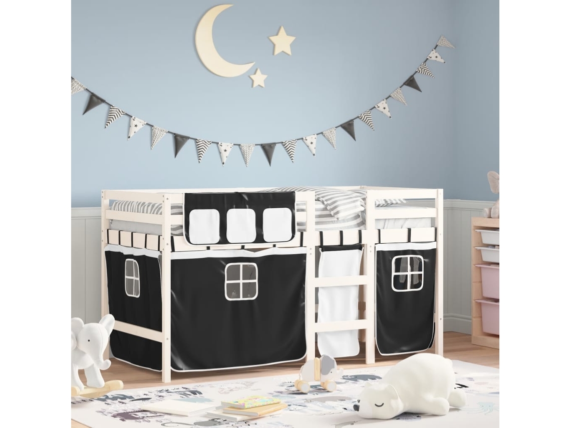 Cama Alta Niñoscama Infantil Con Cortinas Madera Pino Blanco Negro 90x190 Cm Wsd12613
