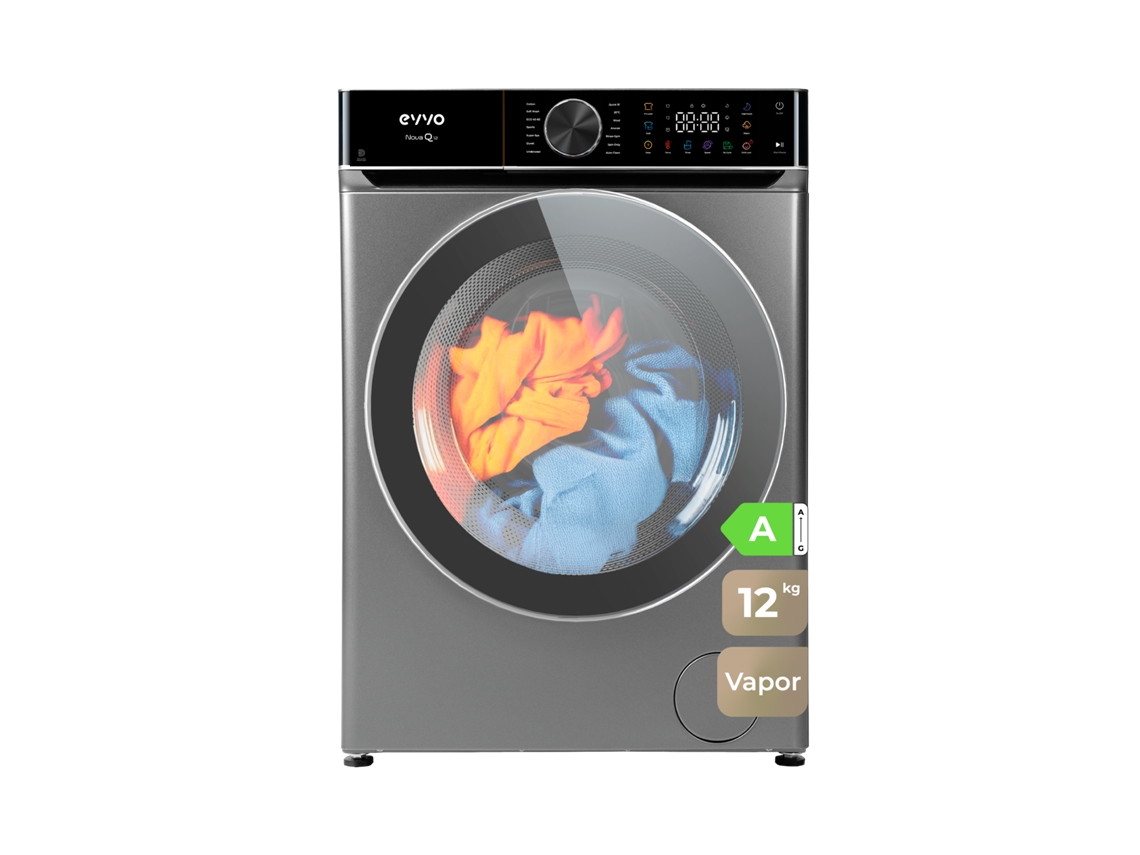 Evvo Lavadora 12 Kg Nova Q12x, 1400 Rpm, Clase A, Motor Inverter Edrive, 14 Programas, Vapor Steam Wash, Lavado Rápido 15', Inox.