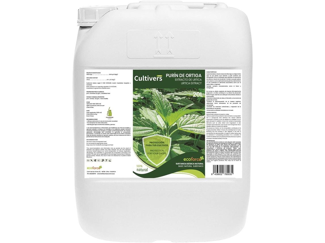 CULTIVERS Purín de Ortiga Ecológico 20 L Corrige la clorosis férrica. Abono preventivo contra las plagas control de hongos. Poder Reverdeciente