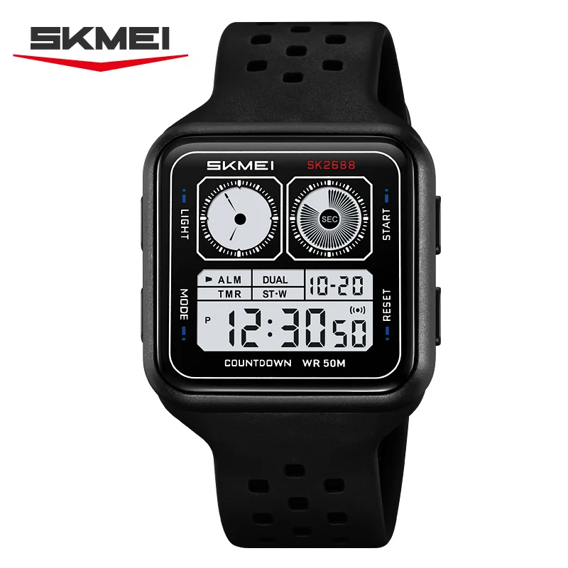 Reloj Electrónico (negro) Con Caja Cuadrada, Correa De Silicona, Resistente Al Agua, Reloj Deportivo Multifuncional Para Hombre.