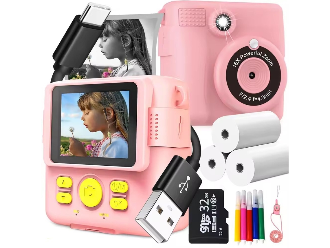 Cámara digital Cuich Mini linda cámara digital Tarjeta de 32 g y video de 1080p, papel de impresión, impresión instantánea rosa