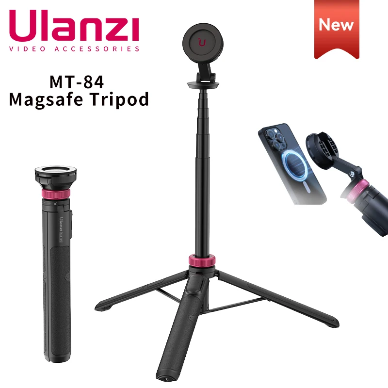 Trípode para teléfono móvil MT-84 con liberación rápida y soporte magnético, compatible con funda MagSafe y control Bluetooth para iPhone 15/14
