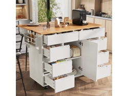 Isla De Cocina Moderna 122x74,5x91,5 Cm - Carro Con Ruedas Y Encimera, 8 Cajones, Blanco