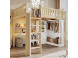 Cama Alta Infantil De 140x200 Cm Con Escritorio, Armario, Cajones Y Escalera De Almacenamiento.