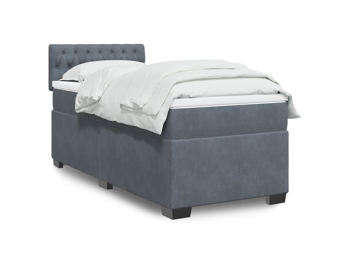 Cama Box Spring Individual Con Colchón Terciopelo Gris Oscuro