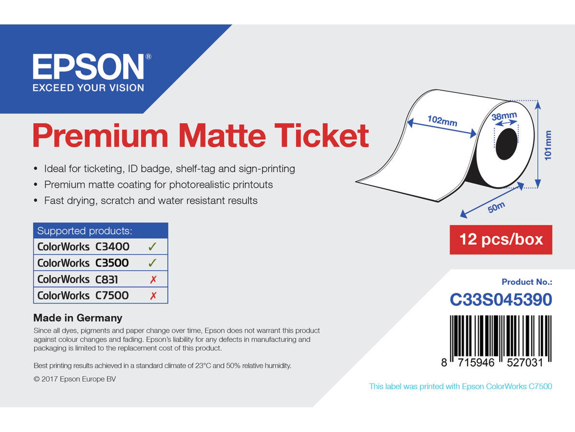 Papel Plotter EPSON Premium, 102mm x 50m, 107 g/m²