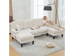 Sofá Moderno 4 Plazas En U - Doble Chaise Longue, Tela De Cordón, Cómodo, Beige