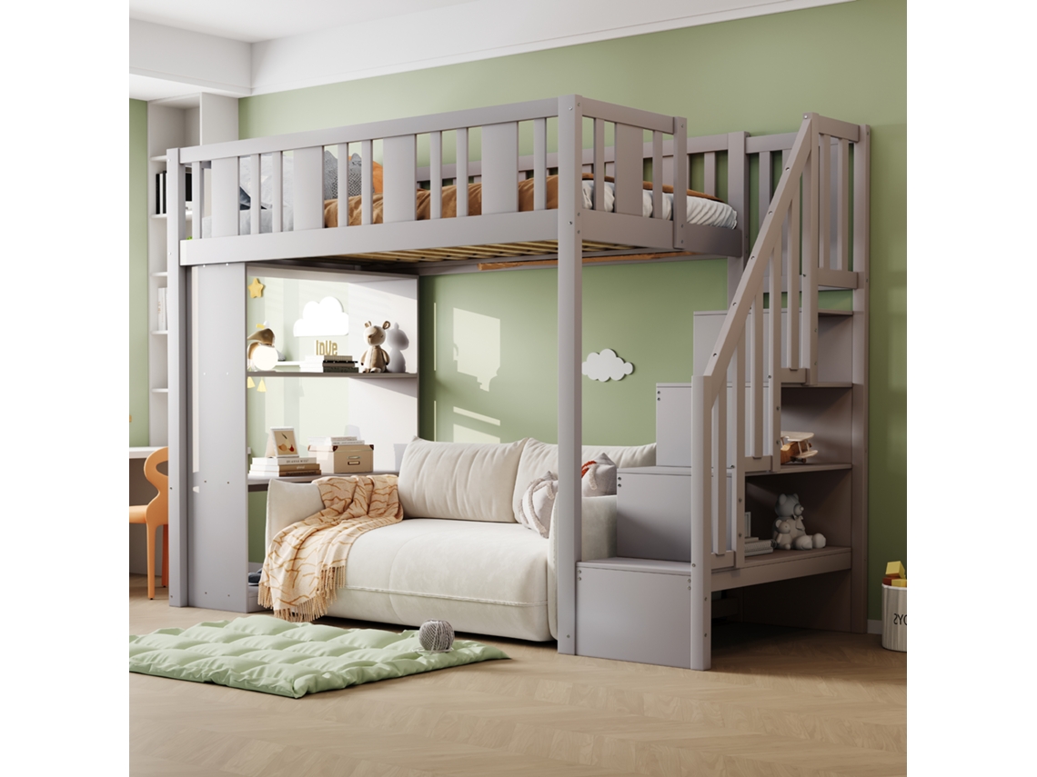 Cama Alta De 90x200 Con Escritorio Y Espacio De Almacenamiento, Color Gris.