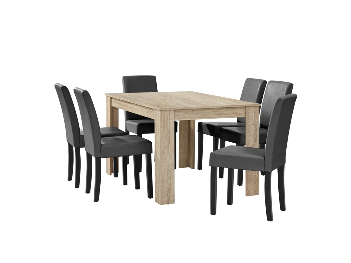 Mesa de comedor + 6 sillas Forssa MDF y polipiel 140x90x77cm - Roble claro + Gris oscuro [EN.CASA]