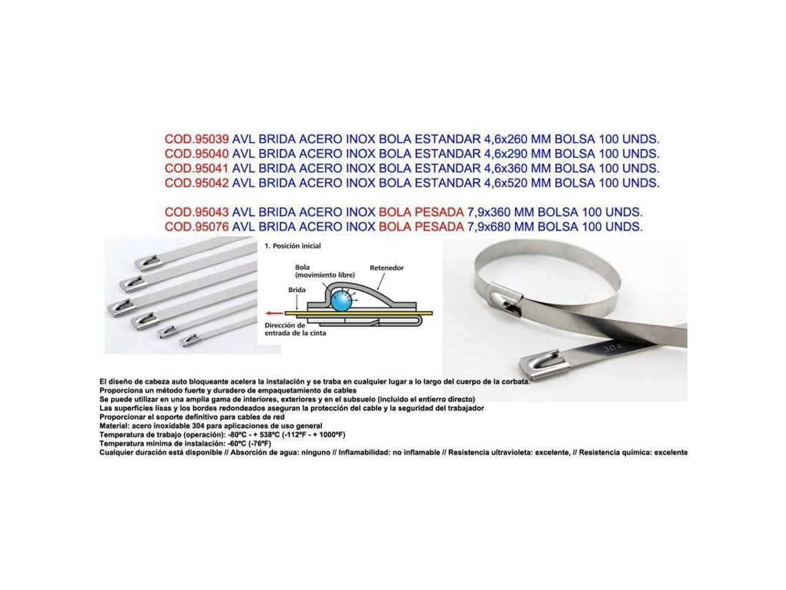 Avl brida acero inox bola pesada 7,9x680 mm bolsa 100 unds.