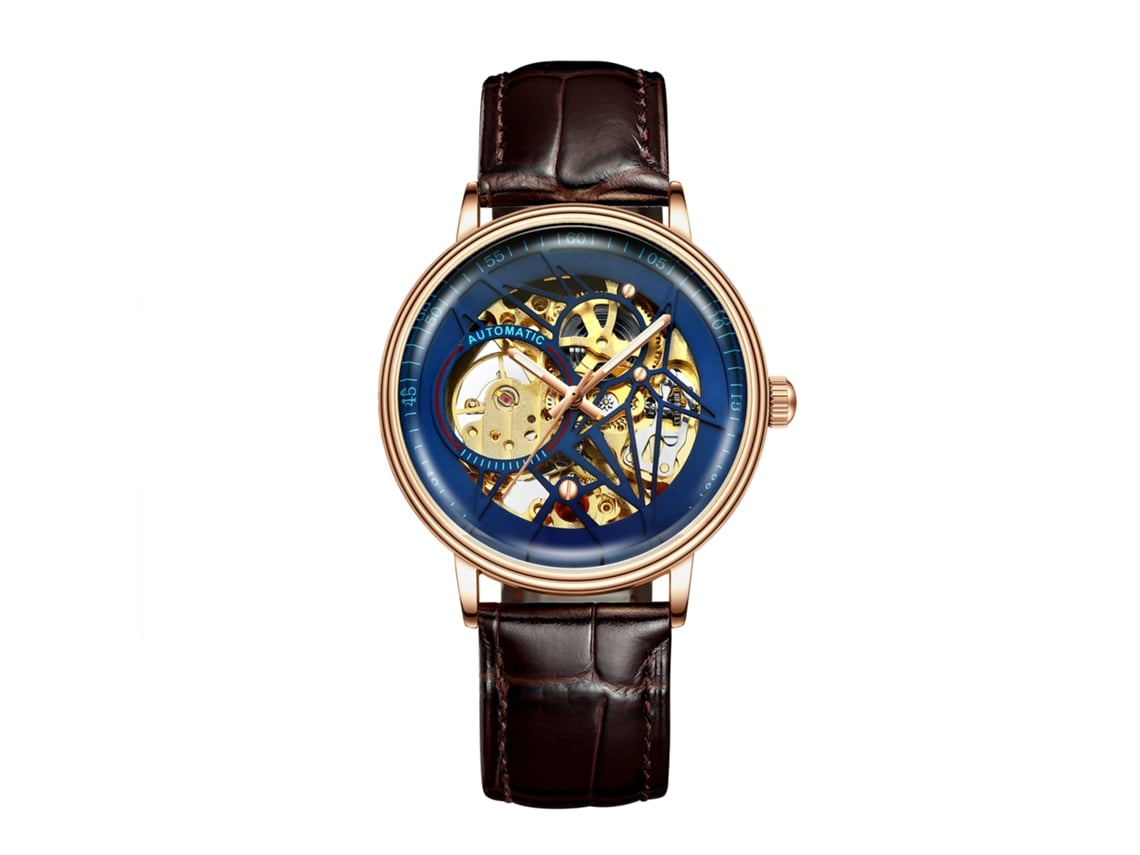 Reloj Mecánico Automático Esqueleto (marrón/azul), Reloj De Pulsera Casual Y Elegante Para Hombre.