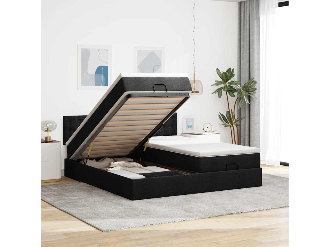 Estructura De Cama Otomana Con Colchones Tela Negra 200x200cm