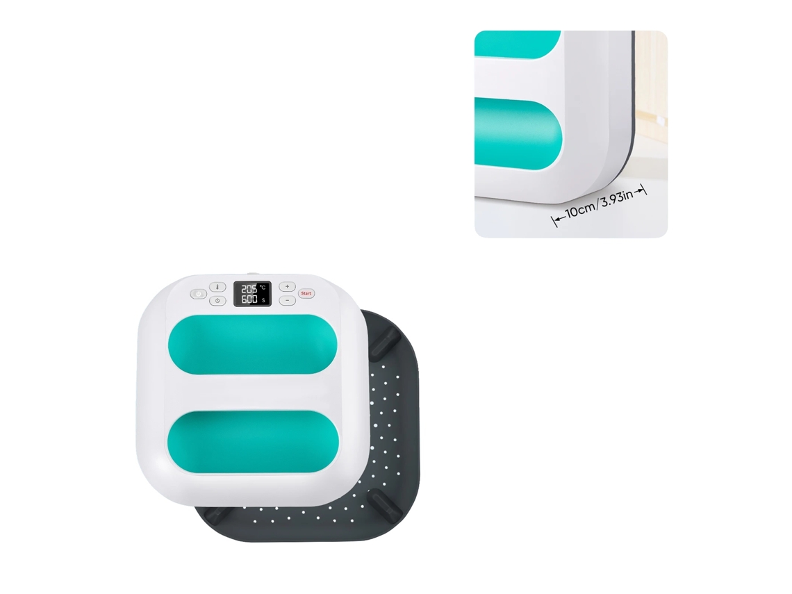 Máquina de prensado térmico, temperatura ajustable, apagado automático de seguridad, color verde.
