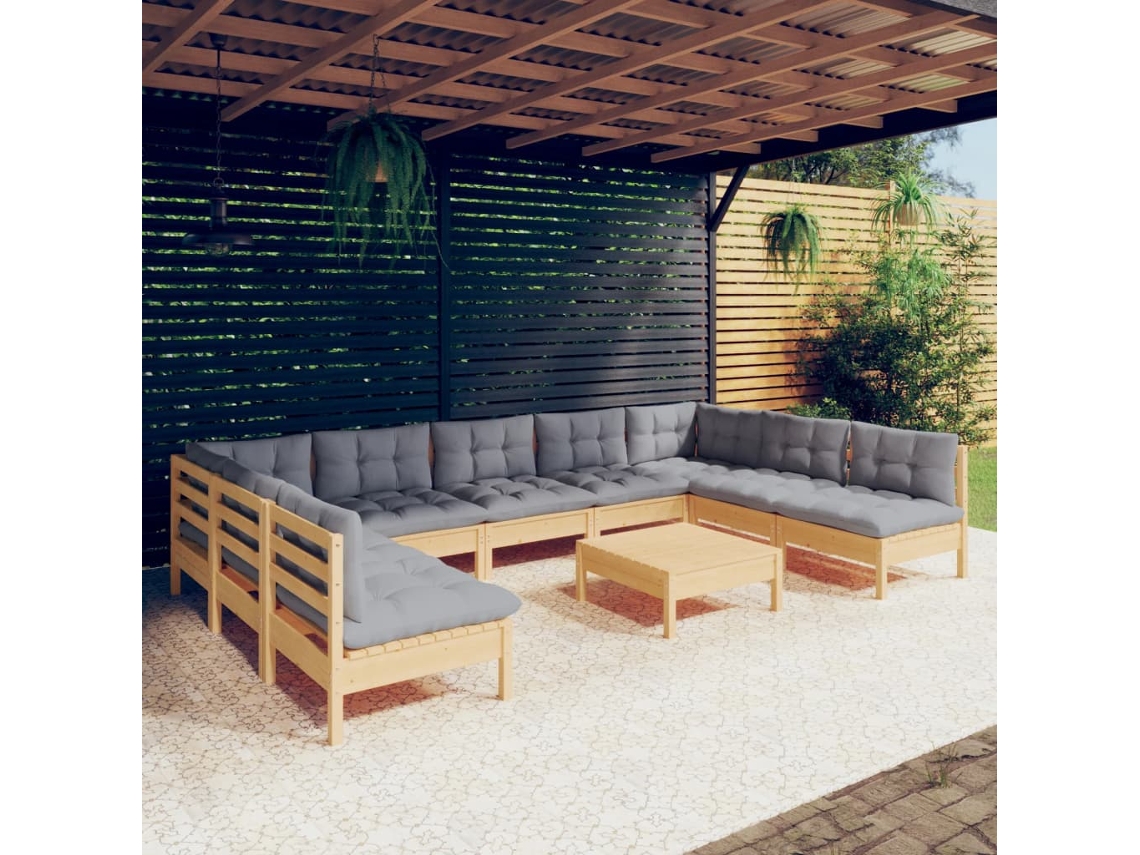 Conjunto de jardín DKD Home Decor de 10 piezas con cojines de pino macizo gris