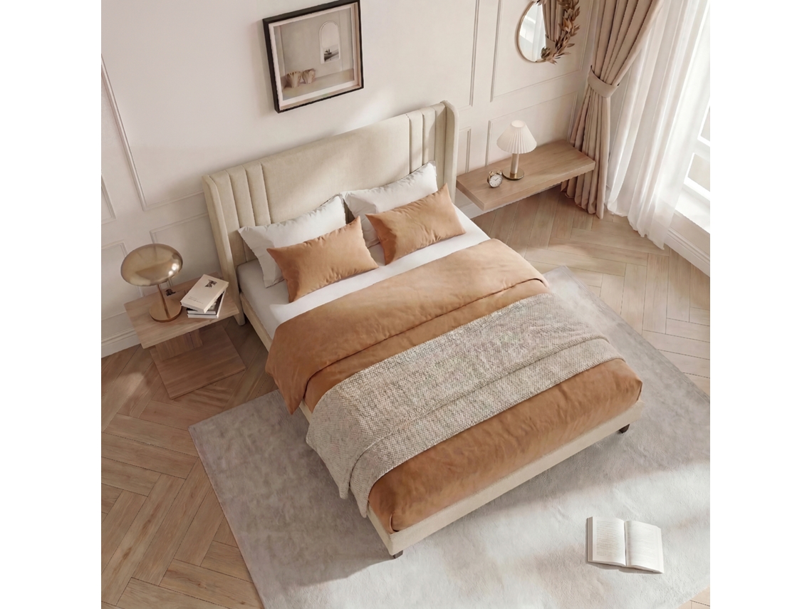 Cama Doble 140x200 Cm En Lino Con Somier De Láminas, Espacio De Almacenamiento De 15 Cm, Estructura Sólida Y Silenciosa, Beige