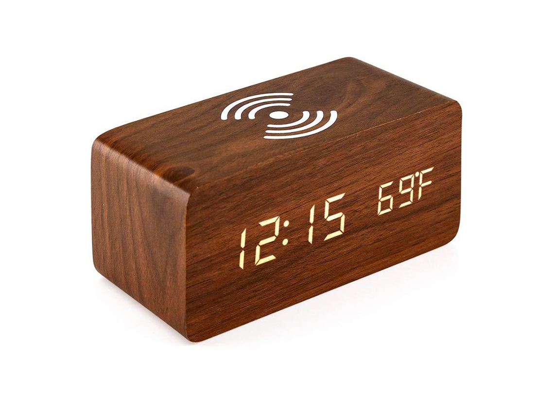 Reloj despertador digital de madera, LED, carga inalámbrica, mesita de noche RNEMITERY