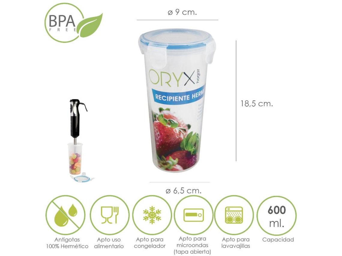Vaso Recipiente Hermetico Medidor Plastico Redondo 600 ml. Ø 9x18.5 (Alt.) cm ORYX