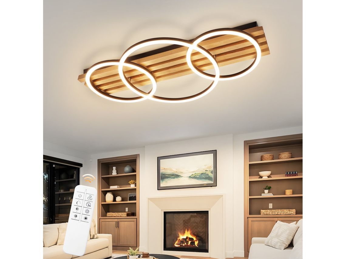 Lámpara de techo LED de madera regulable con 3 anillos, 46 W, moderna, 70 cm, para salón Nettlife