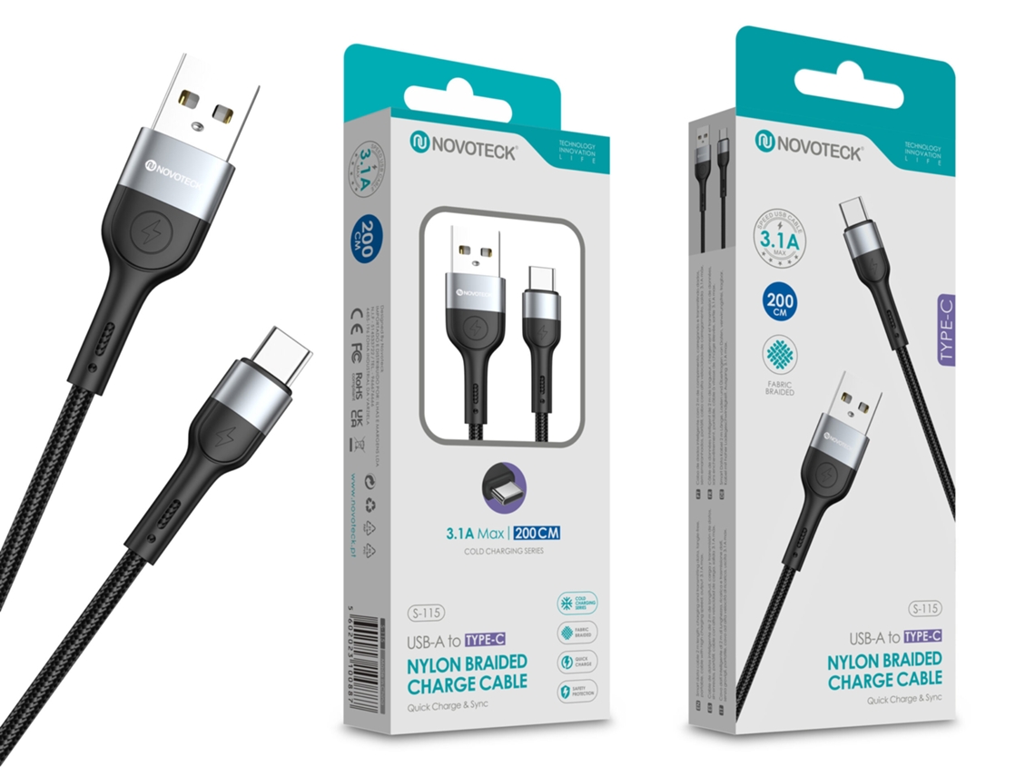 Cable de datos trenzado de nailon 3.1a, carga rápida, negro, USB tipo C, 2 m