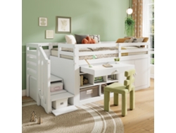 Cama infantil multifuncional de 90 x 200 cm con escalera y almacenaje, color blanco, Mobrio