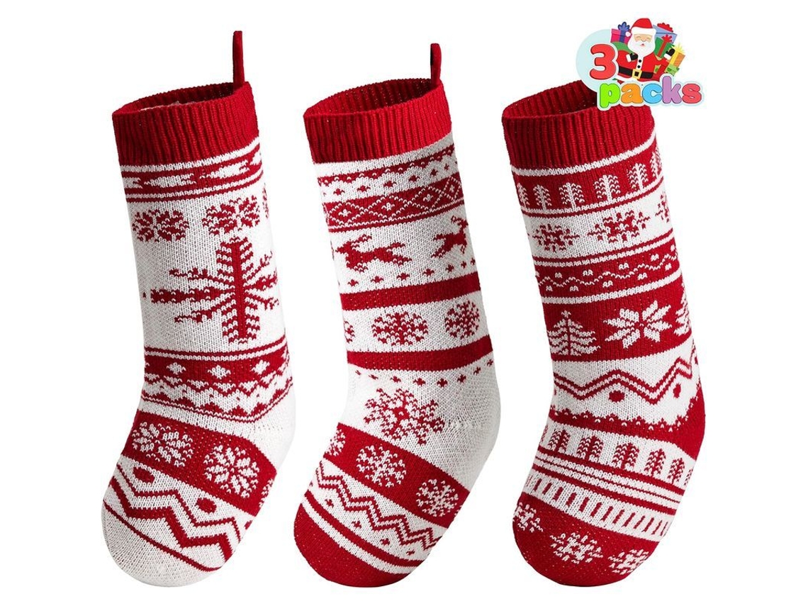 3 Medias Navideñas Tejidas 45cm, Grandes Con Diseños Navideños Para Decoración Familiar De Vacaciones