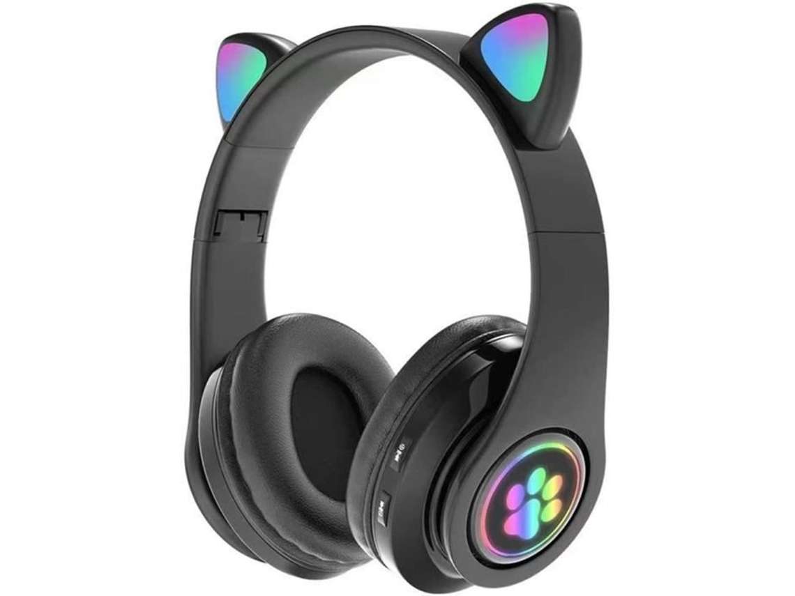 Auriculares inalámbricos con oídos de gato Bluetooth, auriculares Bluetooth, auriculares luminosos, ranura para tarjeta SD, plegables