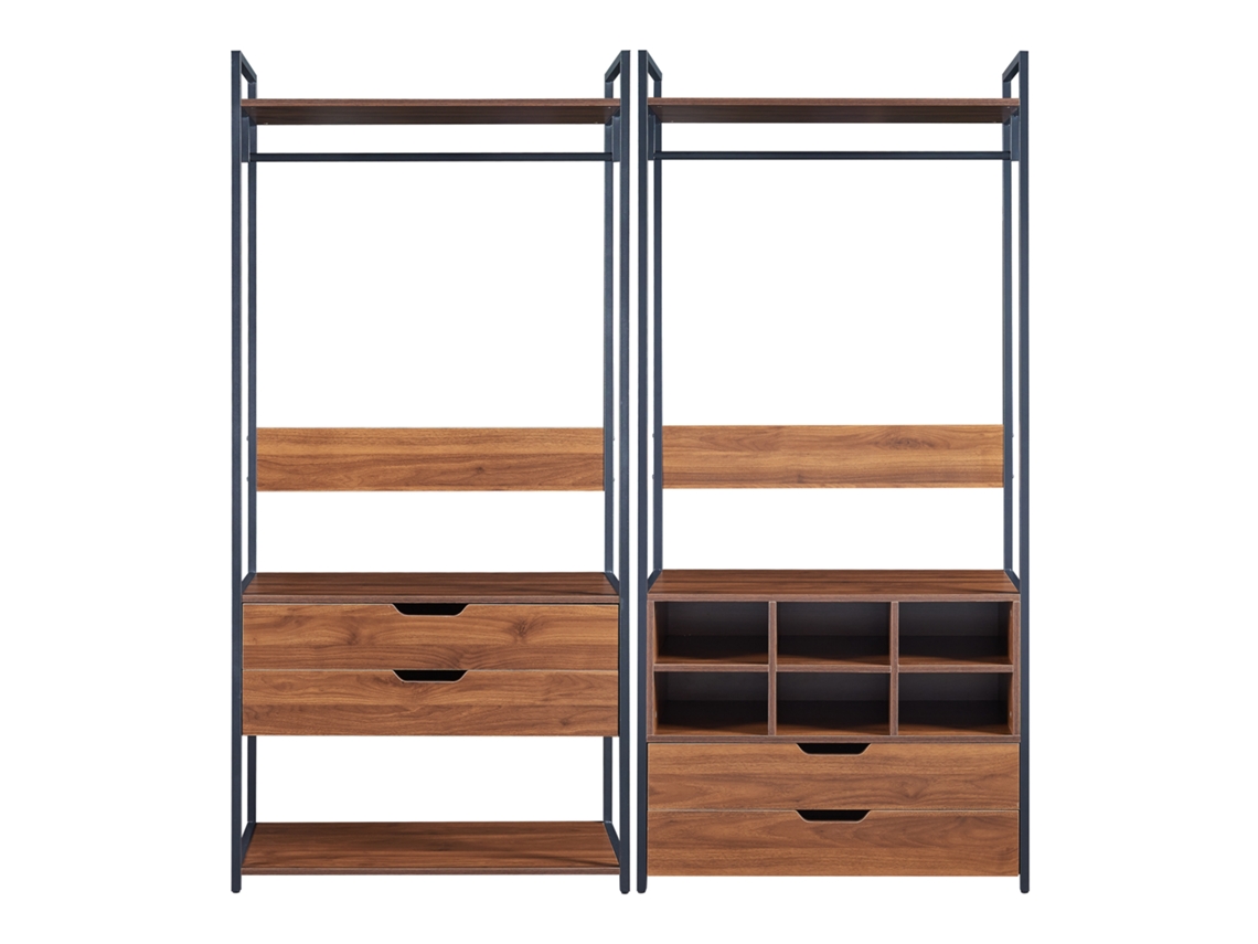 Conjunto de 2 percheros Larem con 4 cajones 6 compartimentos y 2 estantes - Negro/Efecto Nogal [EN.CASA]