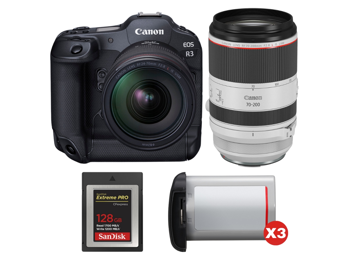 Canon Eos R3 + Rf 24-70mm F/2.8 L Is Usm + Rf 70-200mm F/2.8 L Is Usm + 1 Sandisk 128gb Extreme Pro Cfexpress Type B + 3 Canon L + Ebook Pricedirect