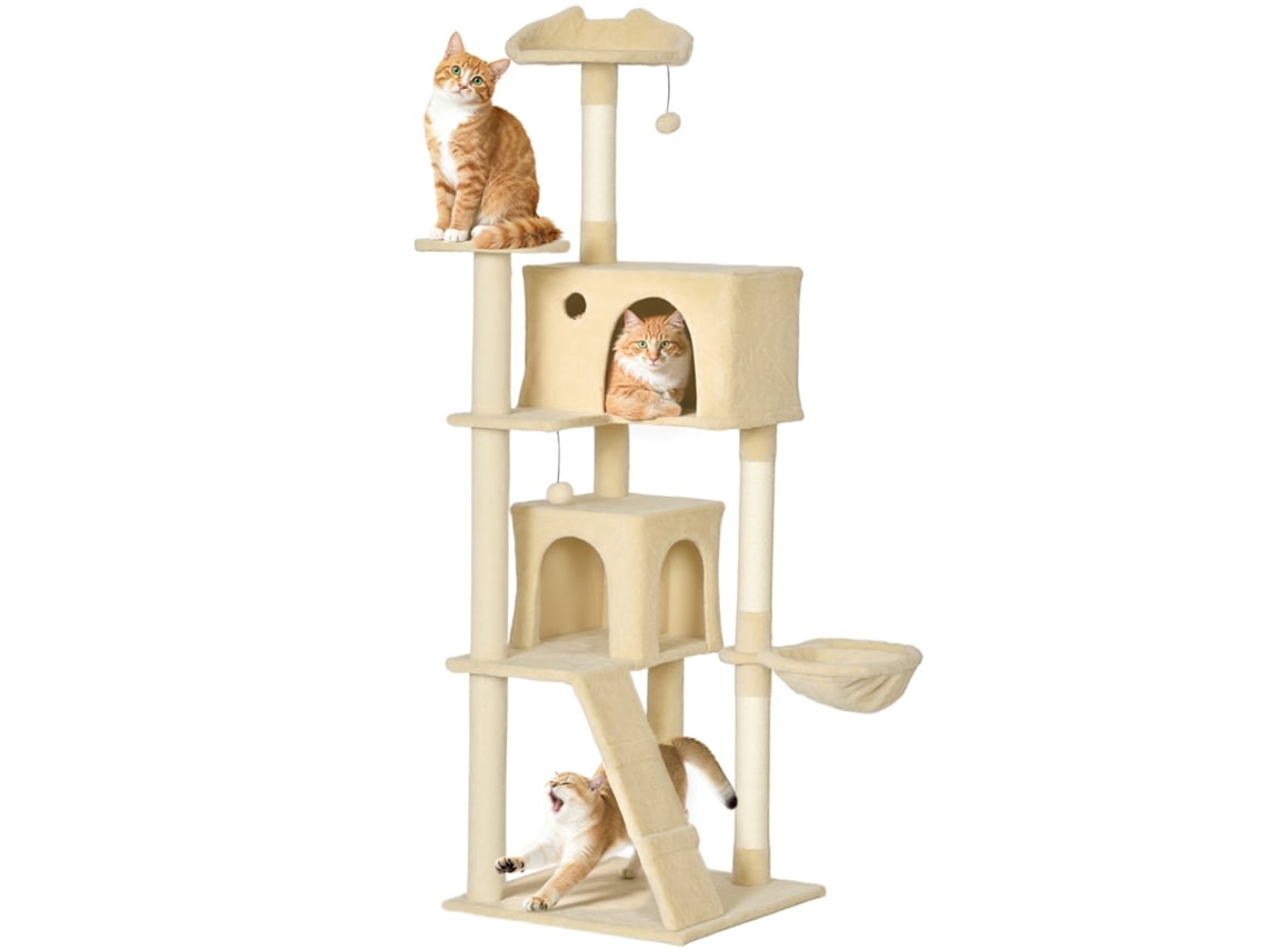 Rascador para gatos de 180 cm con 2 escondites, hamaca y escalera, color beige.