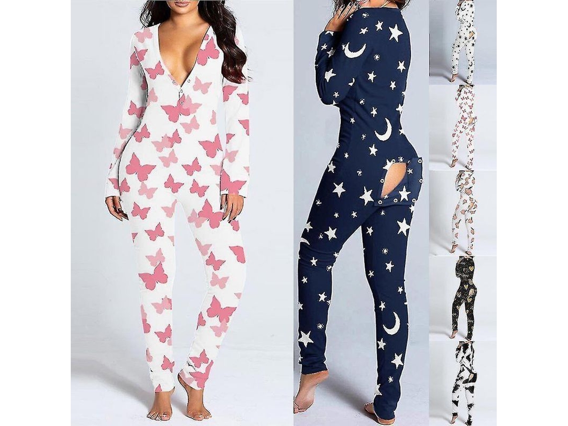 2026-pijama Mono Sexy Para Mujer De Manga Larga Con Solapa Abierta De Polyester Talla Regular 2xl Luna Estrellas