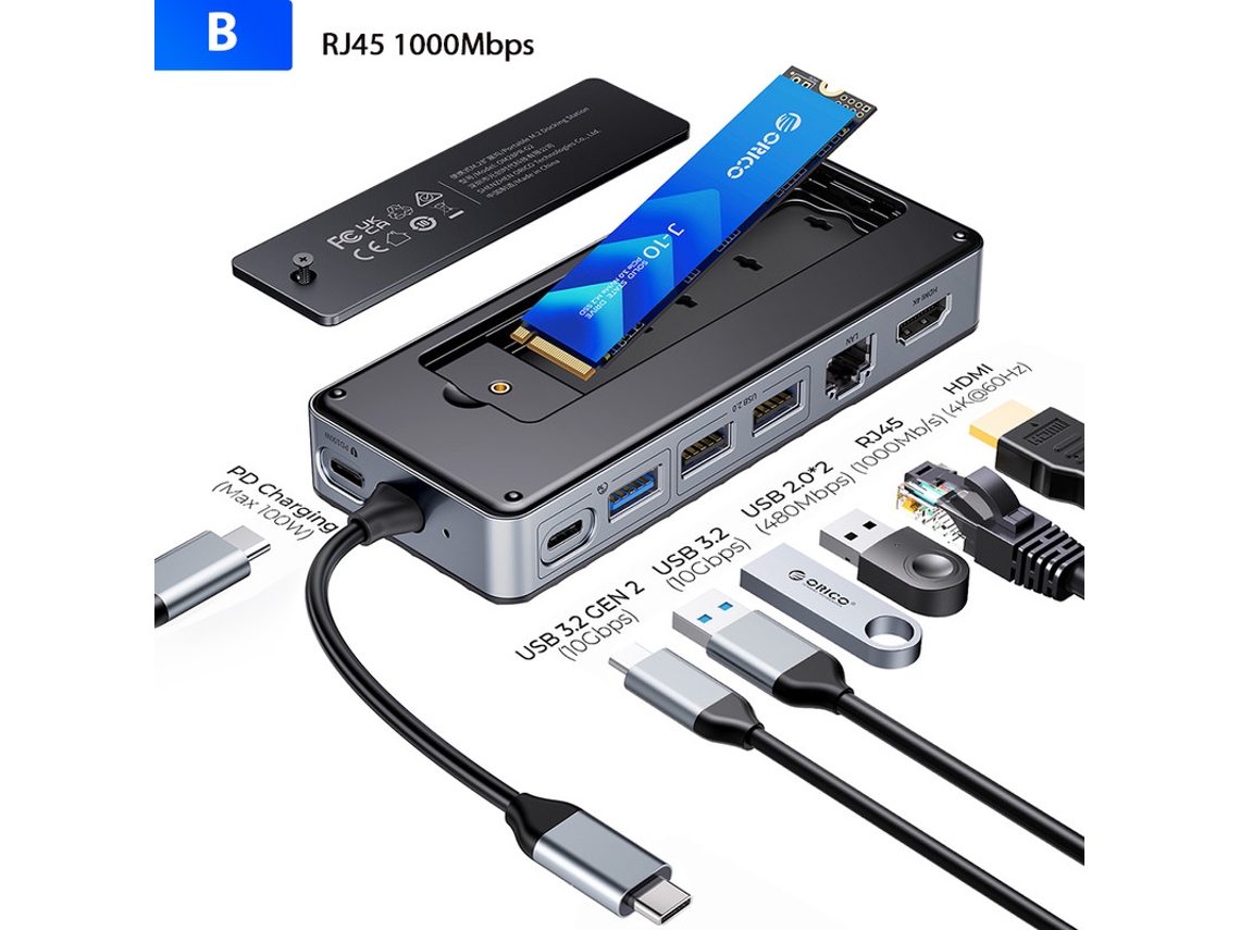 Estación de acoplamiento Yizhood con carcasa para SSD, RJ45, M.2, USB C, PD100W, 10 Gbps, M2, NVME, SATA, carcasa externa, 4K, 60 Hz, HDMI, gris