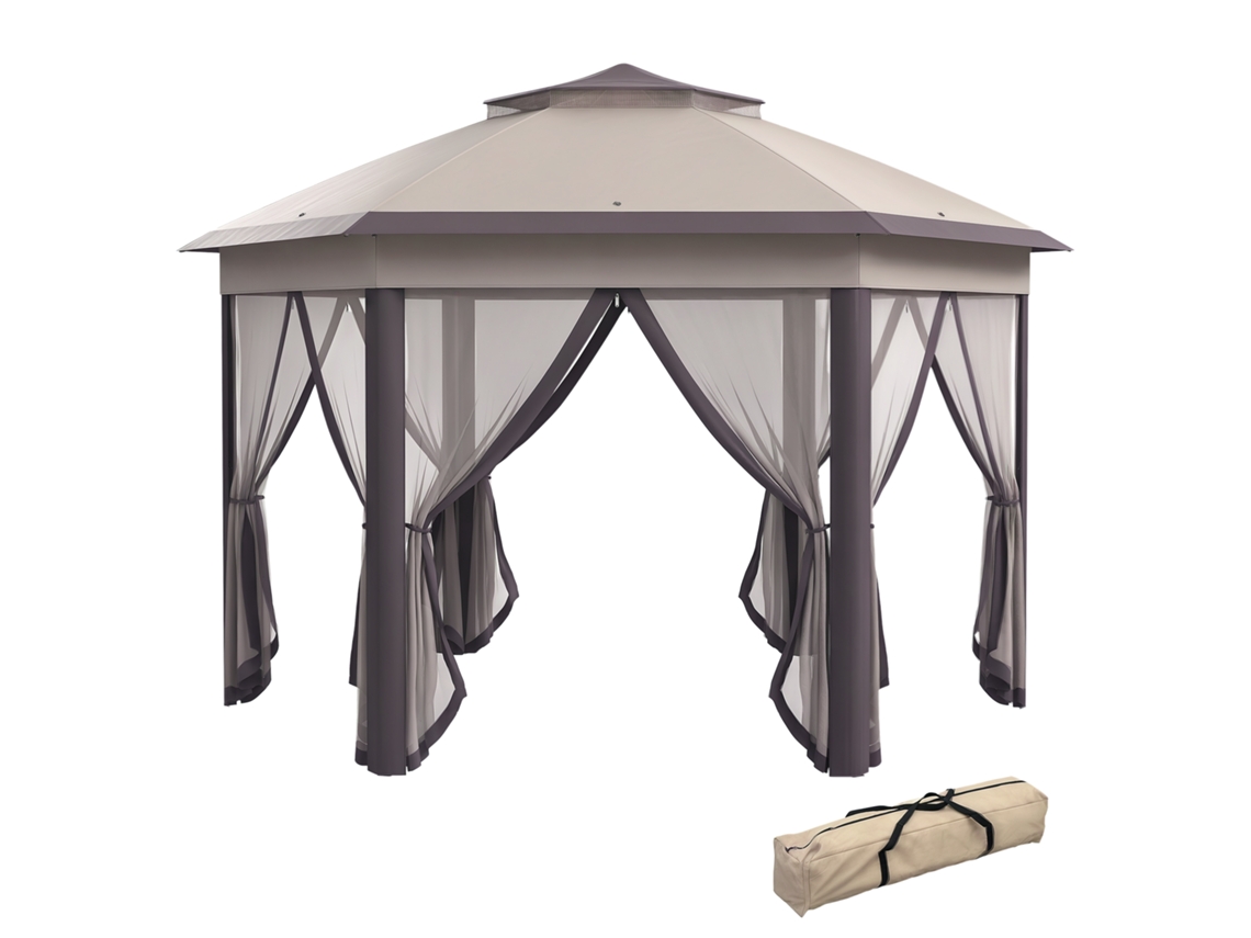 Pabellón hexagonal de 4x4 m, plegable, de doble cara, 6 lados, carpa impermeable para fiestas, jardín y terraza, color café/beige.