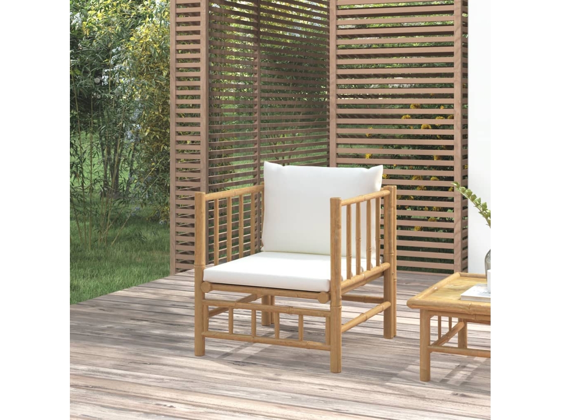 Sofá De Jardín | Sofá De Exterior Bambú Con Cojines Blanco Crema Wsd676093