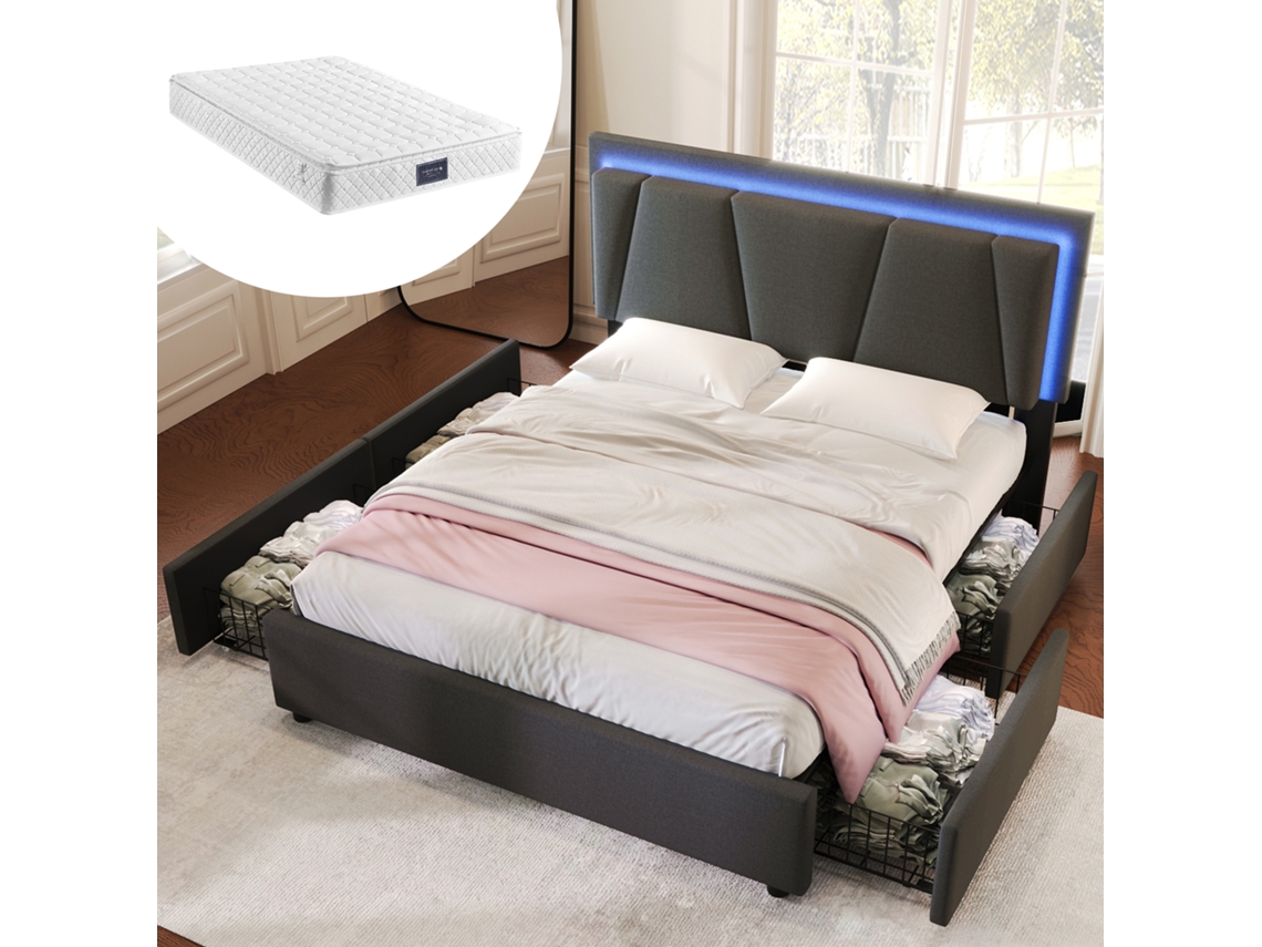 Cama Doble Tapizada De 160x200 Cm Con Iluminación Led, 4 Cajones, Cabecero Ajustable, Color Gris, Con Colchón.