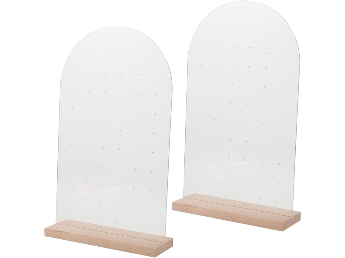 Soporte para pendientes de dos piezas de acrílico transparente con base de madera.