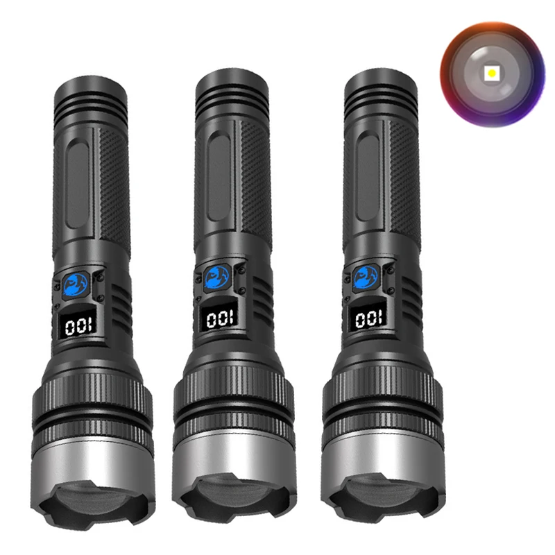 Linterna táctica de 300.000 lm, superpotente, con pantalla y zoom ajustable, recargable por USB para camping, pesca y defensa personal. Aeuzwr