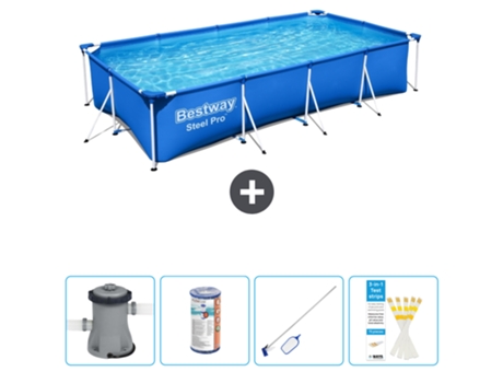 Piscina BESTWAY Rectangular Steel Pro - 400 x 211 x 81 cm - Azul - Bomba incluida Filtrar - kit de limpieza - Tiras de prueba