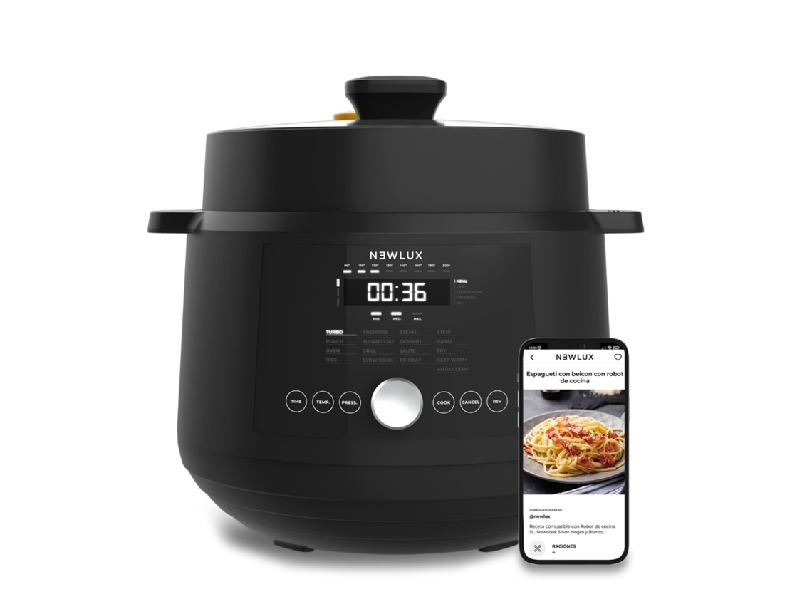 Olla Programable  Newlux SmartChef V600 6L (1200W) 4 Niveles de presión, 17 Programas y Vaporera 2 Niveles Negro