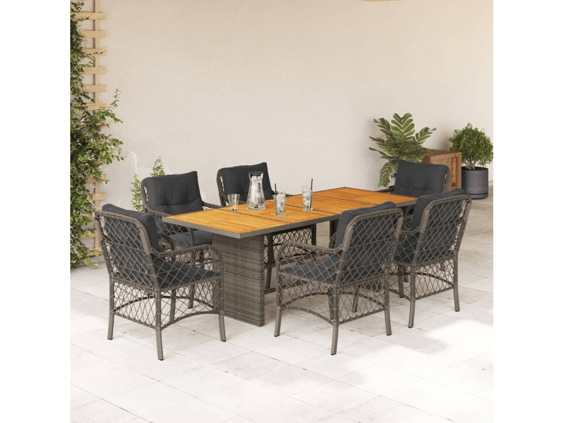 Juego de comedor de jardín de 7 piezas con cojines, mimbre gris, DKD Home Decor