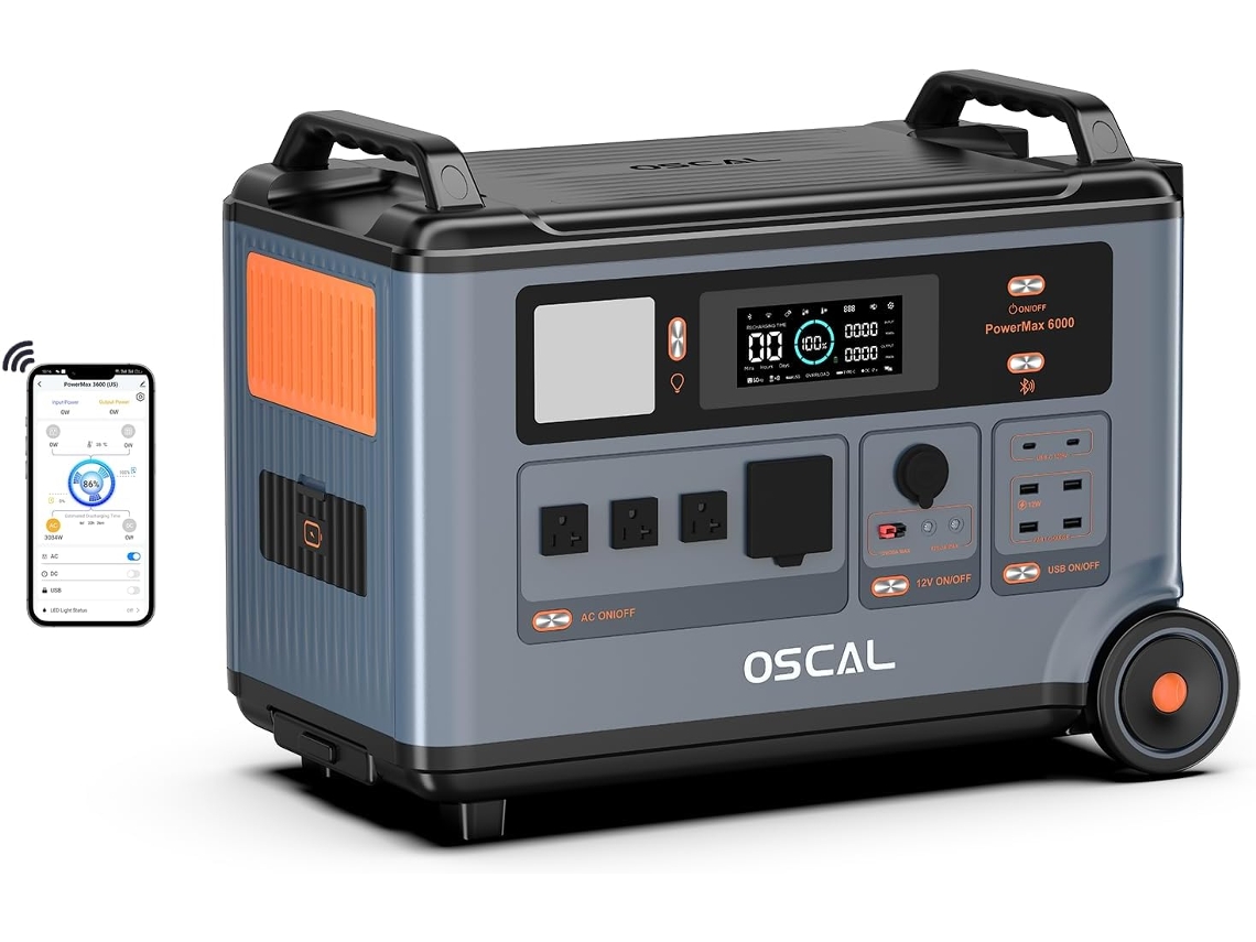 Generador solar Oscal Powermax 6000, estación de energía con batería LFP de 3600 kWh, ampliable hasta 57,6 kWh, para emergencias residenciales.